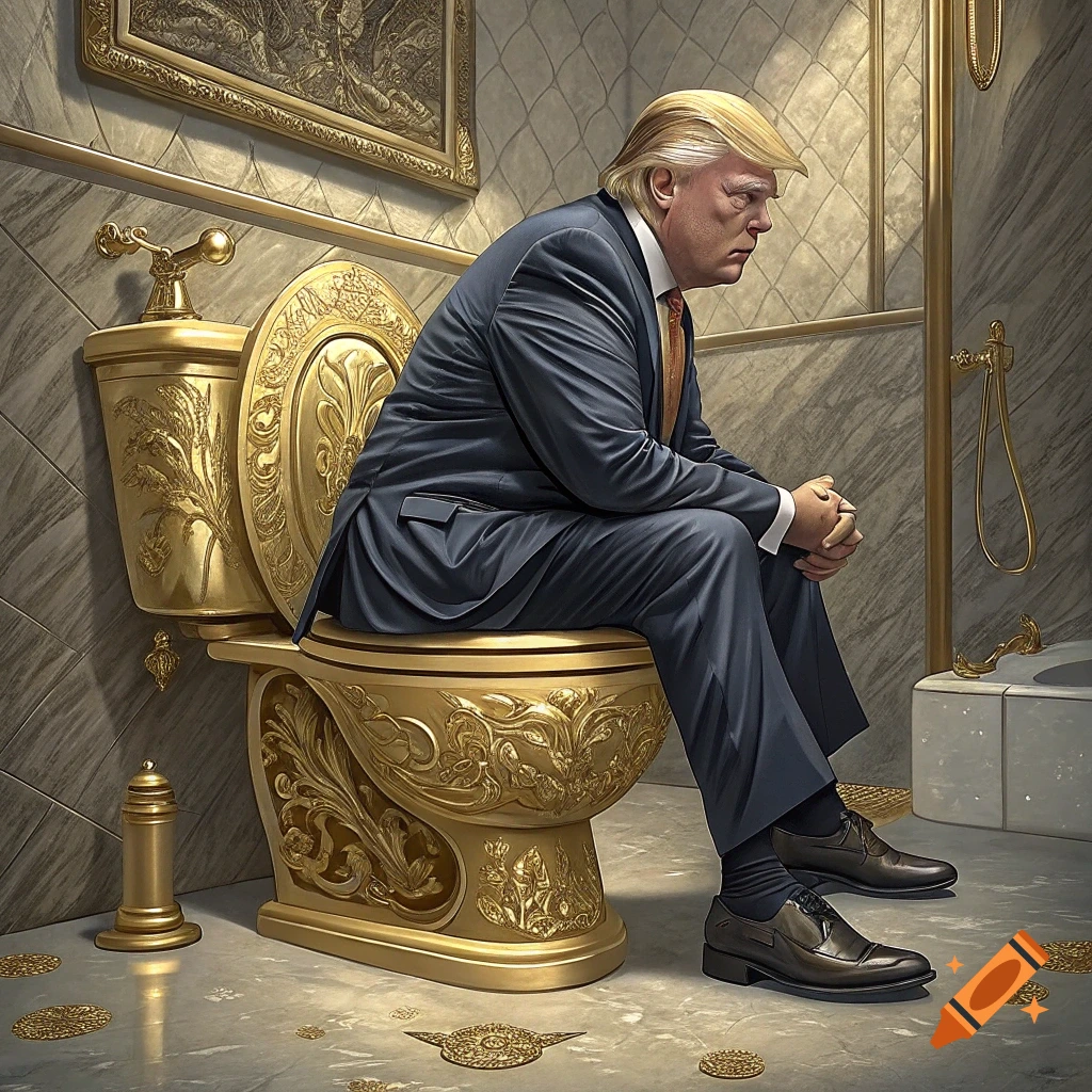 Donald Trump sits on an ornate gold toilet in a luxurious bathroom. on ...