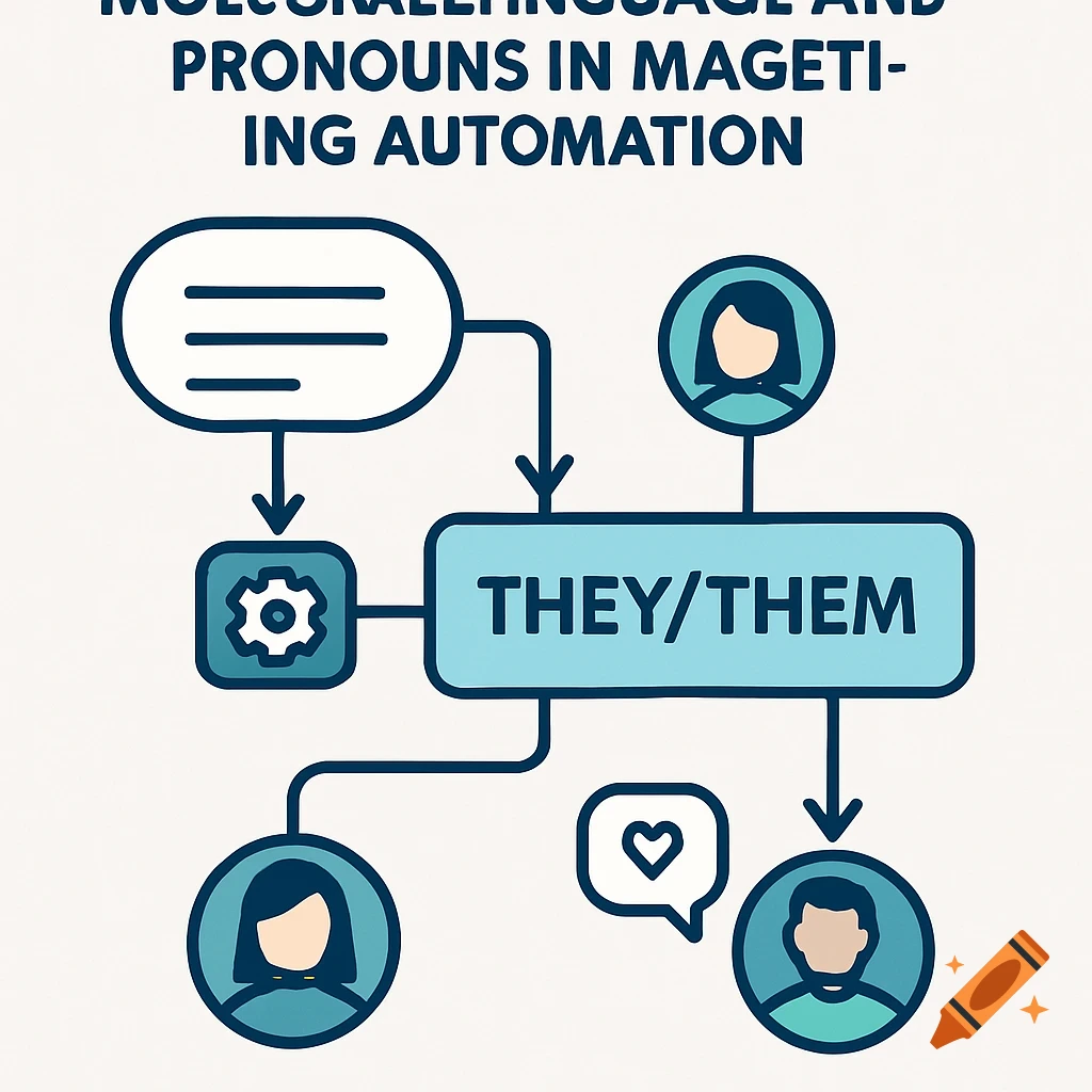 Illustration diagram about inclusive language and pronouns in marketing automation.