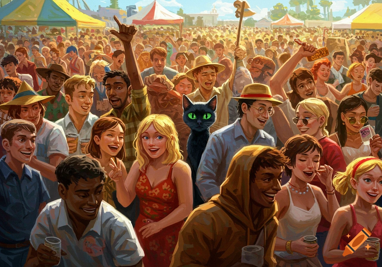 Large crowd at a festival, a black cat is visible among the people.