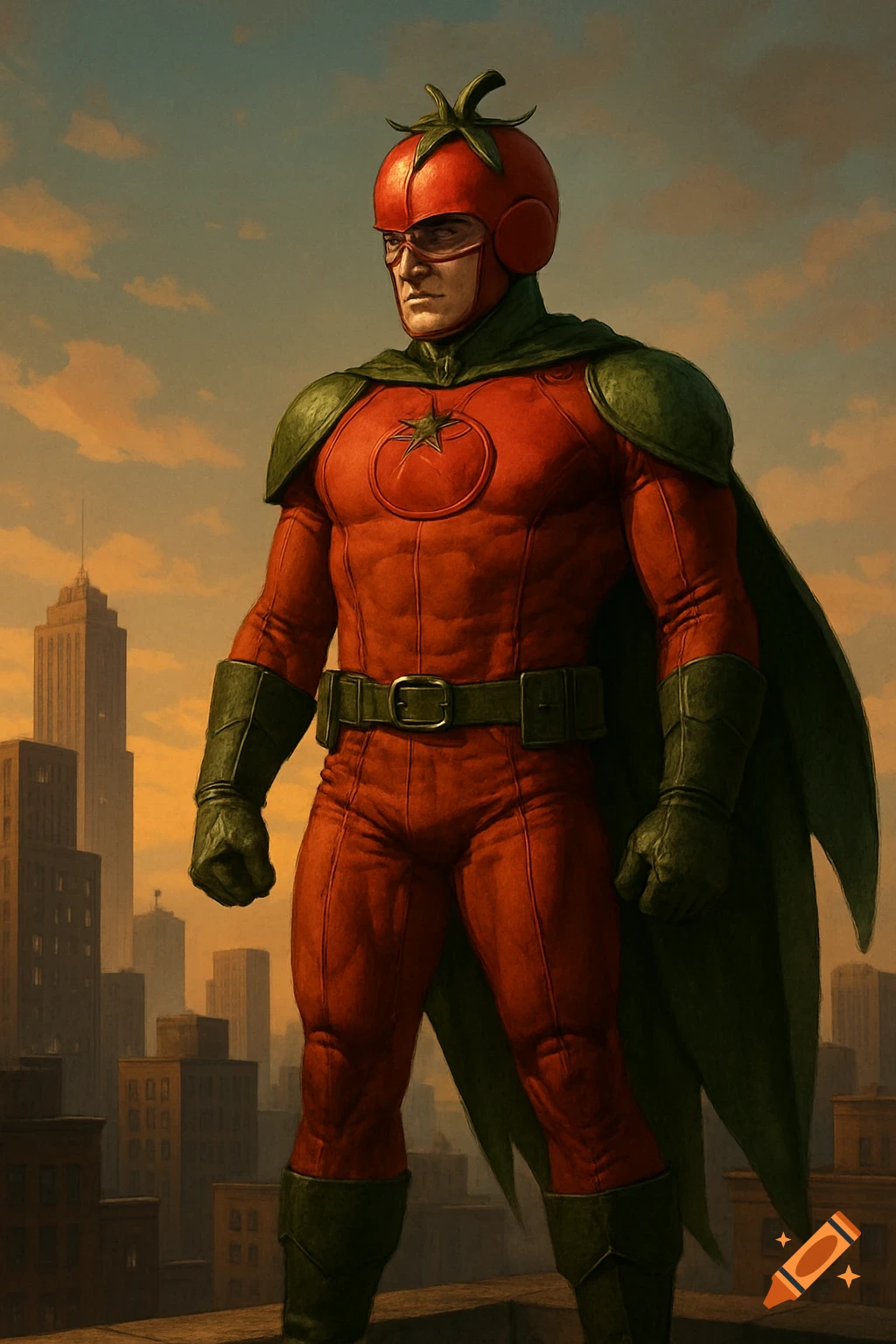A superhero in a red tomato costume stands on a rooftop overlooking a city at sunset.