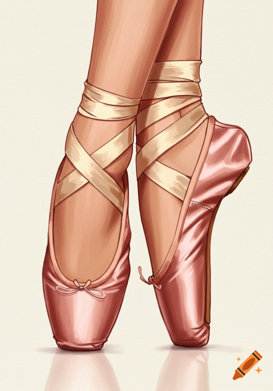 Close-up illustration of a dancer's feet in pink pointe ballet shoes en pointe.