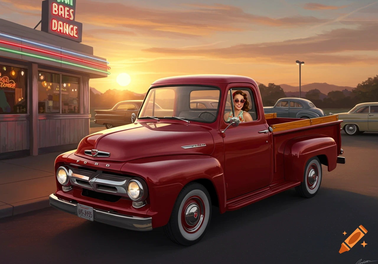 Woman in a red classic pickup truck parked outside a retro diner at sunset