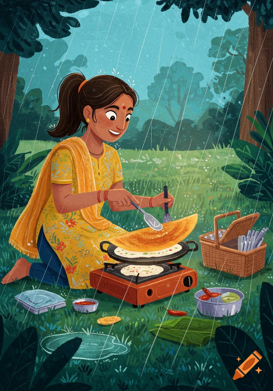 Illustration of a woman making dosa on a portable stove in a park during the rain.