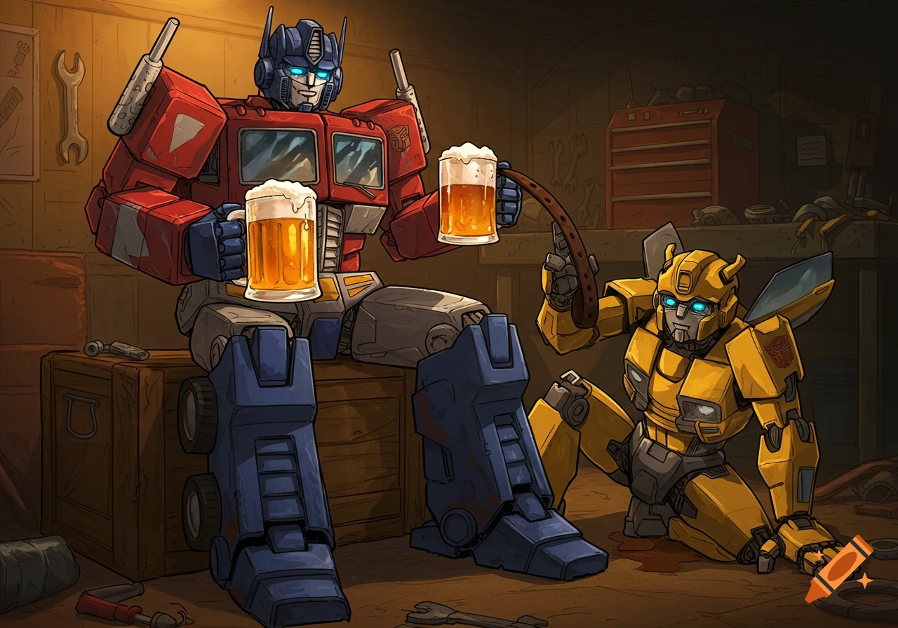 Optimus Prime and Bumblebee from Transformers sit in a garage workshop drinking beer.