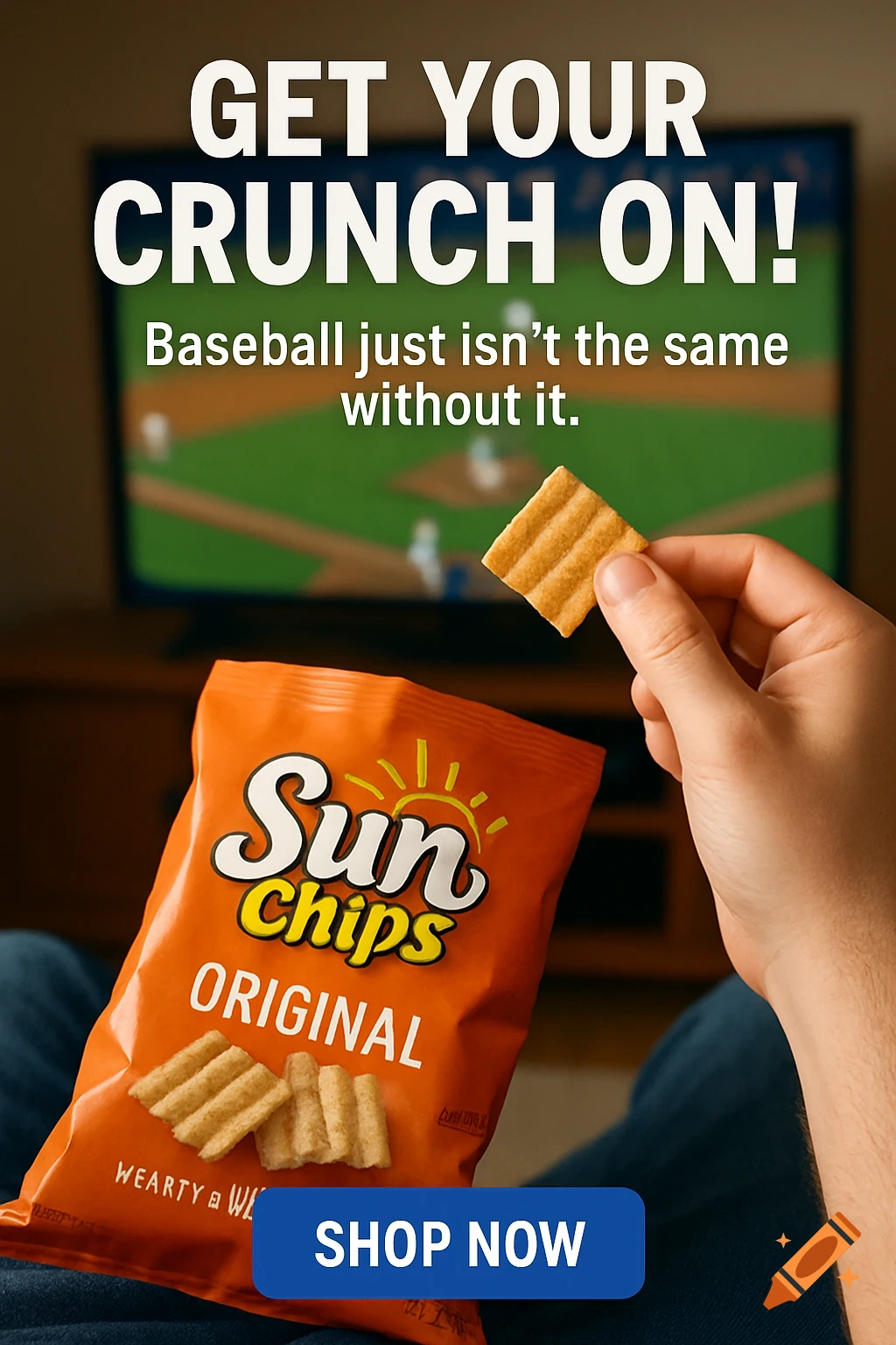 Person holding a Sun Chip and a bag of Sun Chips while watching baseball on TV. Overlay text: GET YOUR CRUNCH ON! SHOP NOW.