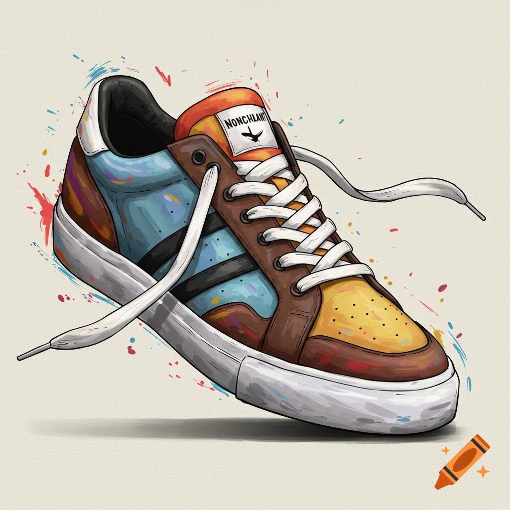 Stylized illustration of a colorful sneaker with paint splatters.