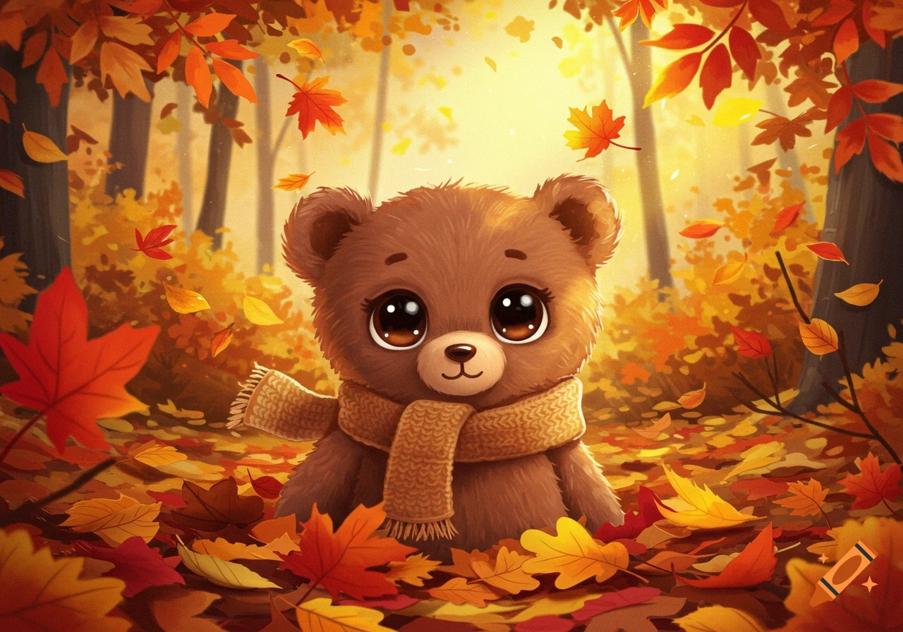 Cute cartoon bear with big eyes and a scarf sits in an autumn forest with falling leaves.