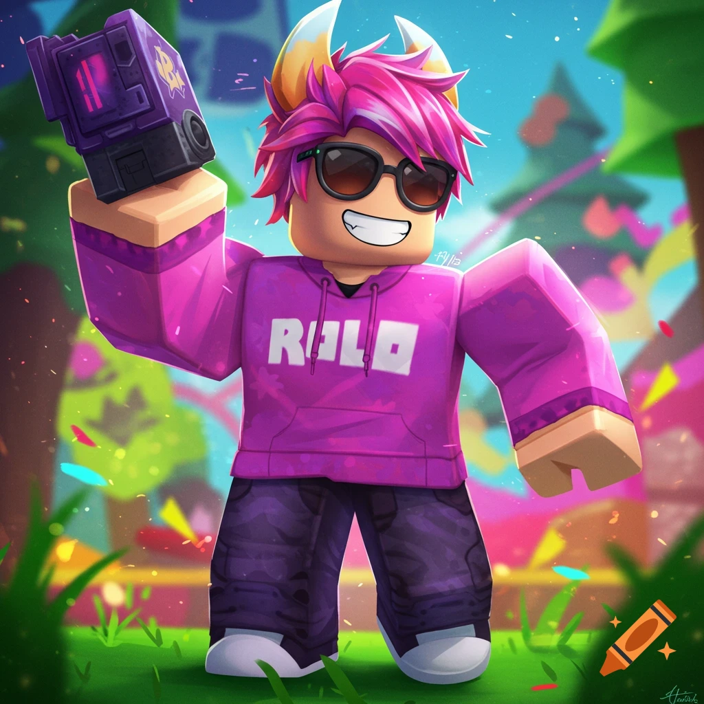 A stylized Roblox avatar with pink hair, sunglasses, and a purple hoodie, holding a purple object, against a colorful background.