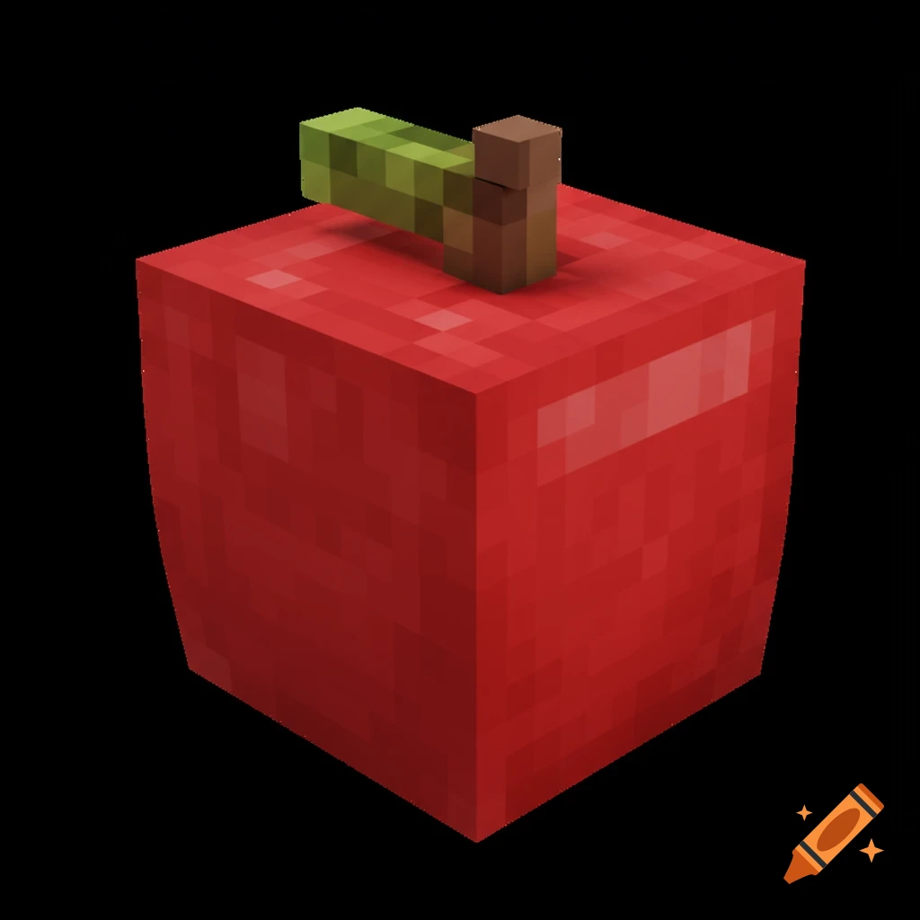 A pixelated red apple block with a green stem and leaf, in the style of Minecraft.