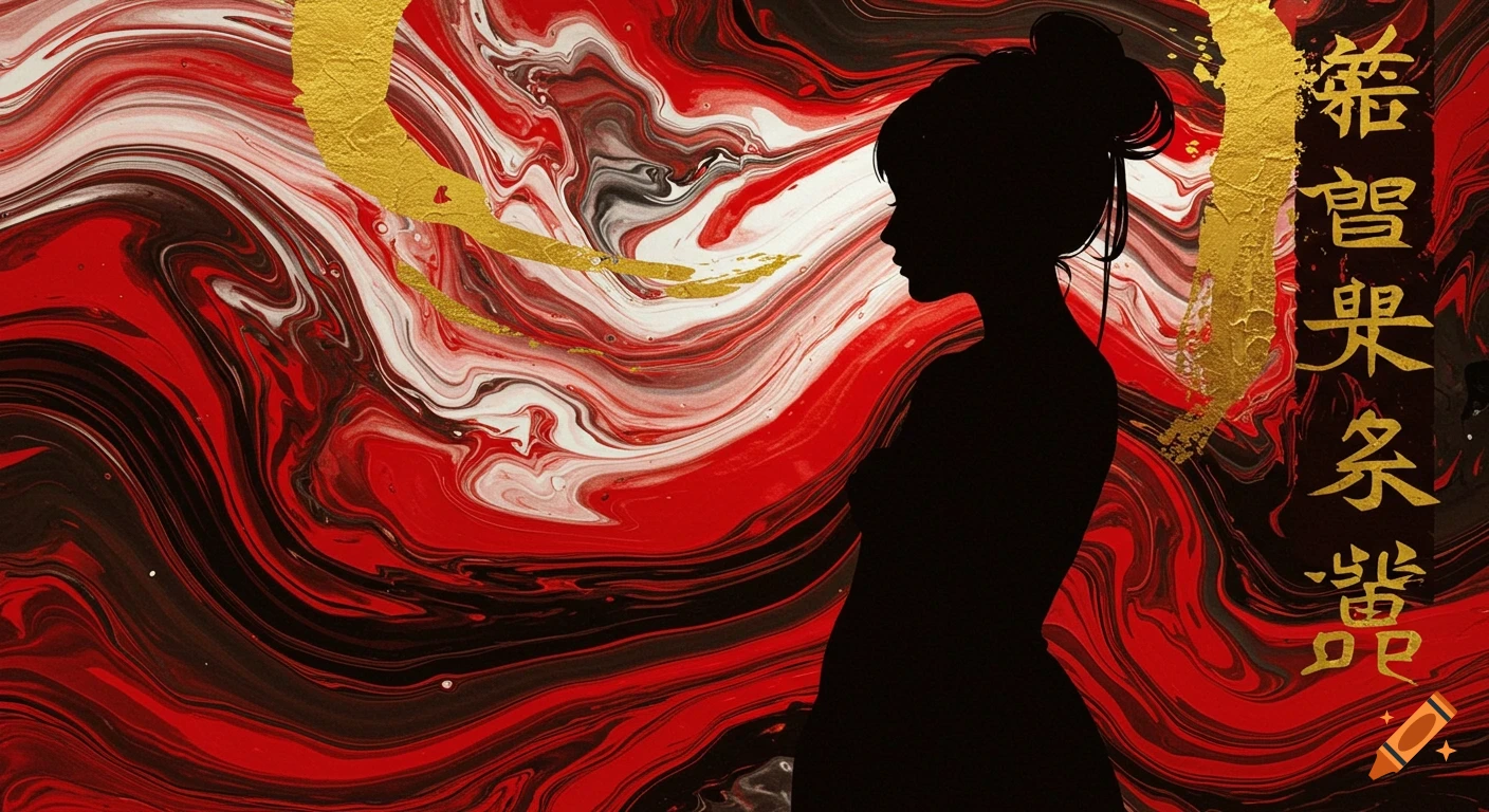 A black silhouette of a woman stands against a background of swirling red, black, white, and gold abstract fluid art, with gold symbols on the right.