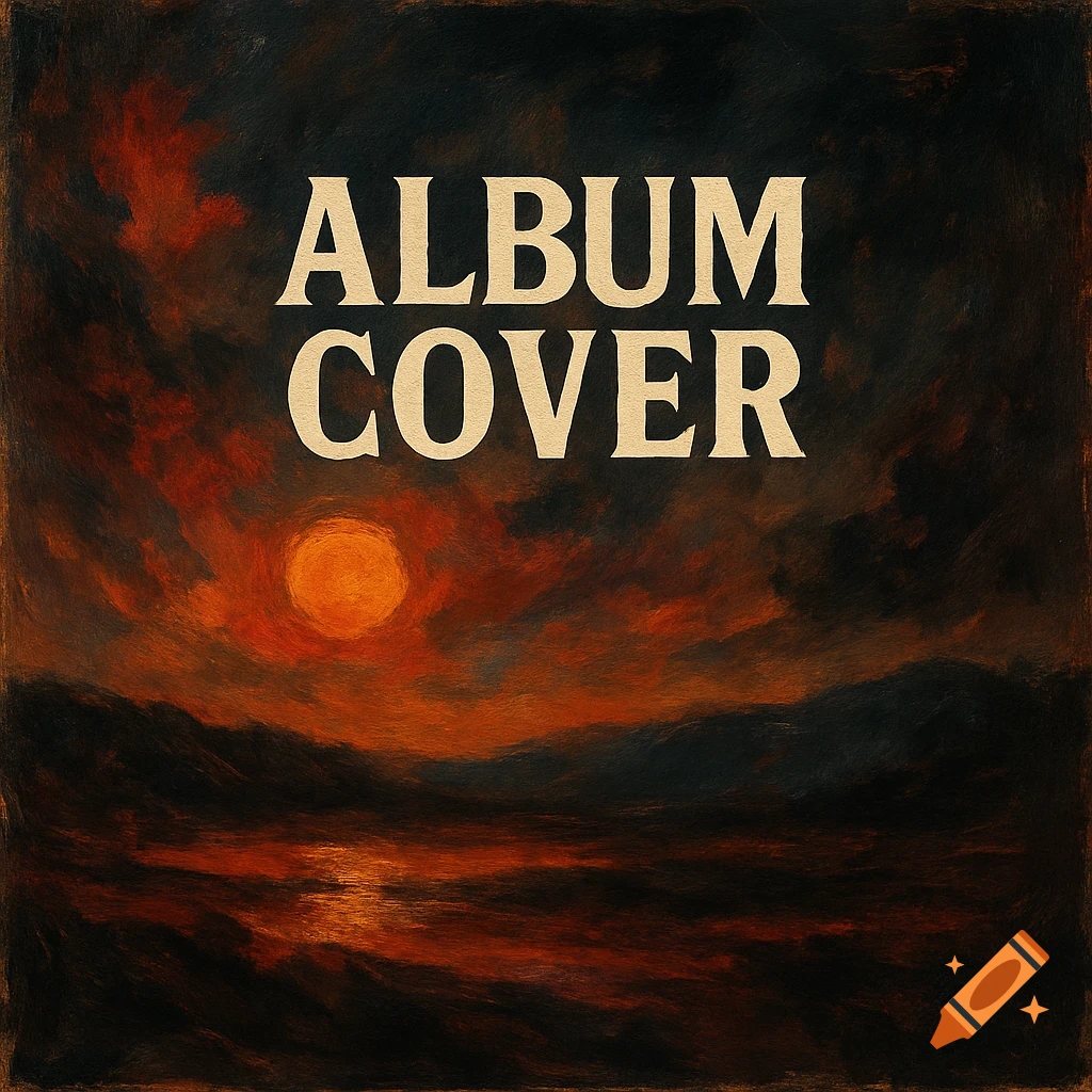 Painting of a sunset landscape with the text ALBUM COVER.