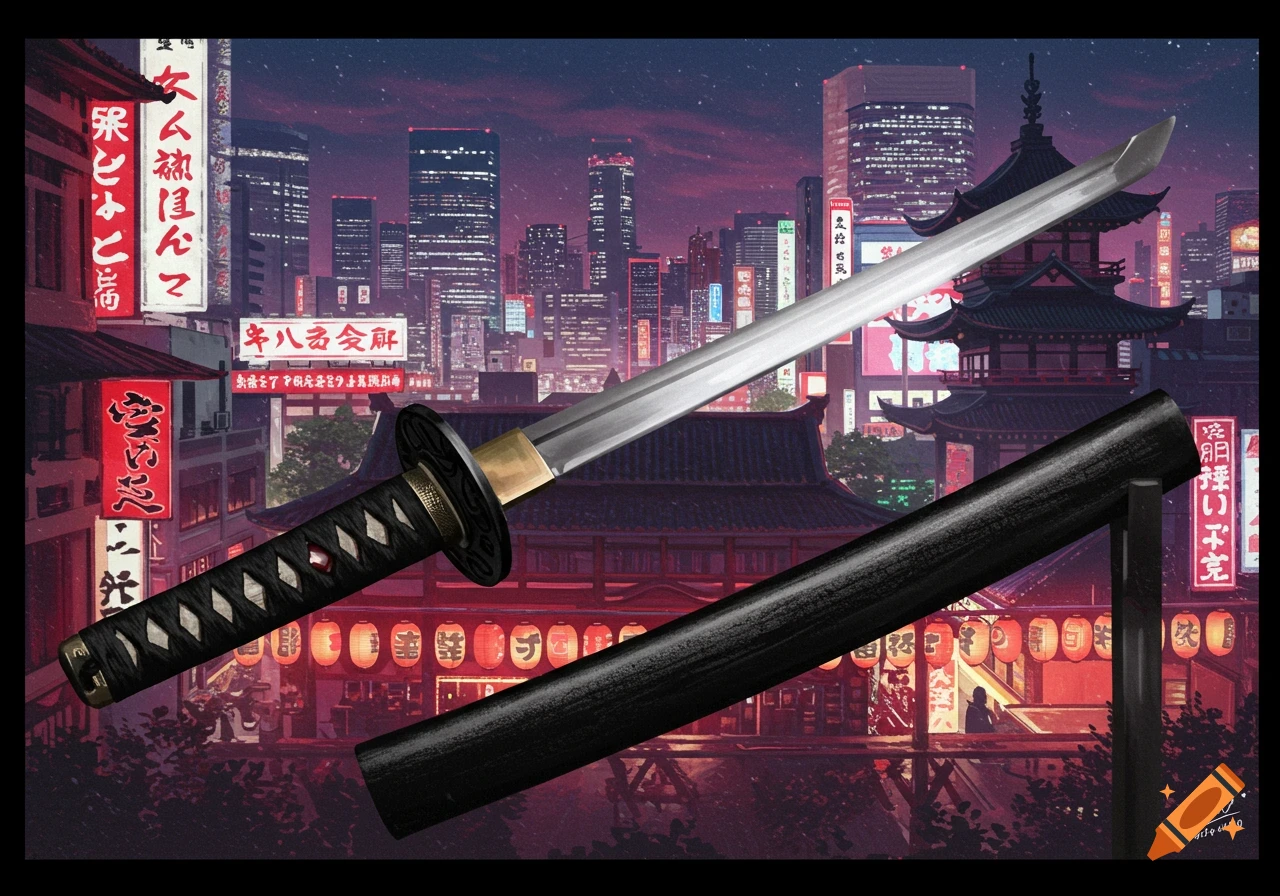 A katana sword and its sheath in the foreground, set against a stylized nighttime backdrop of a Japanese city.