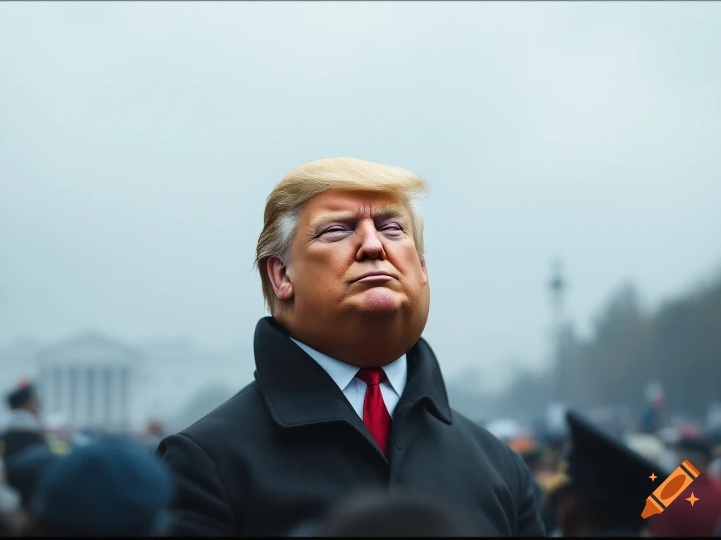 Donald Trump's face mashed onto a potato, watching a military parade.