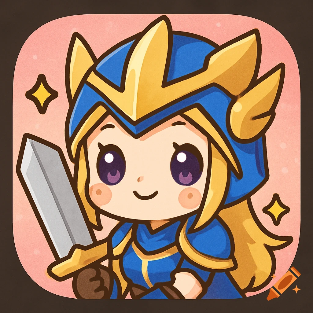 Kawaii knight in blue and gold armor holding a sword