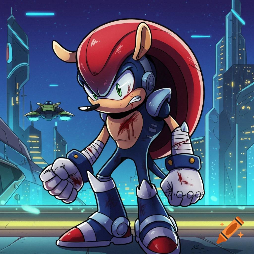 Comic art of an injured Mighty the Armadillo standing in a futuristic city.