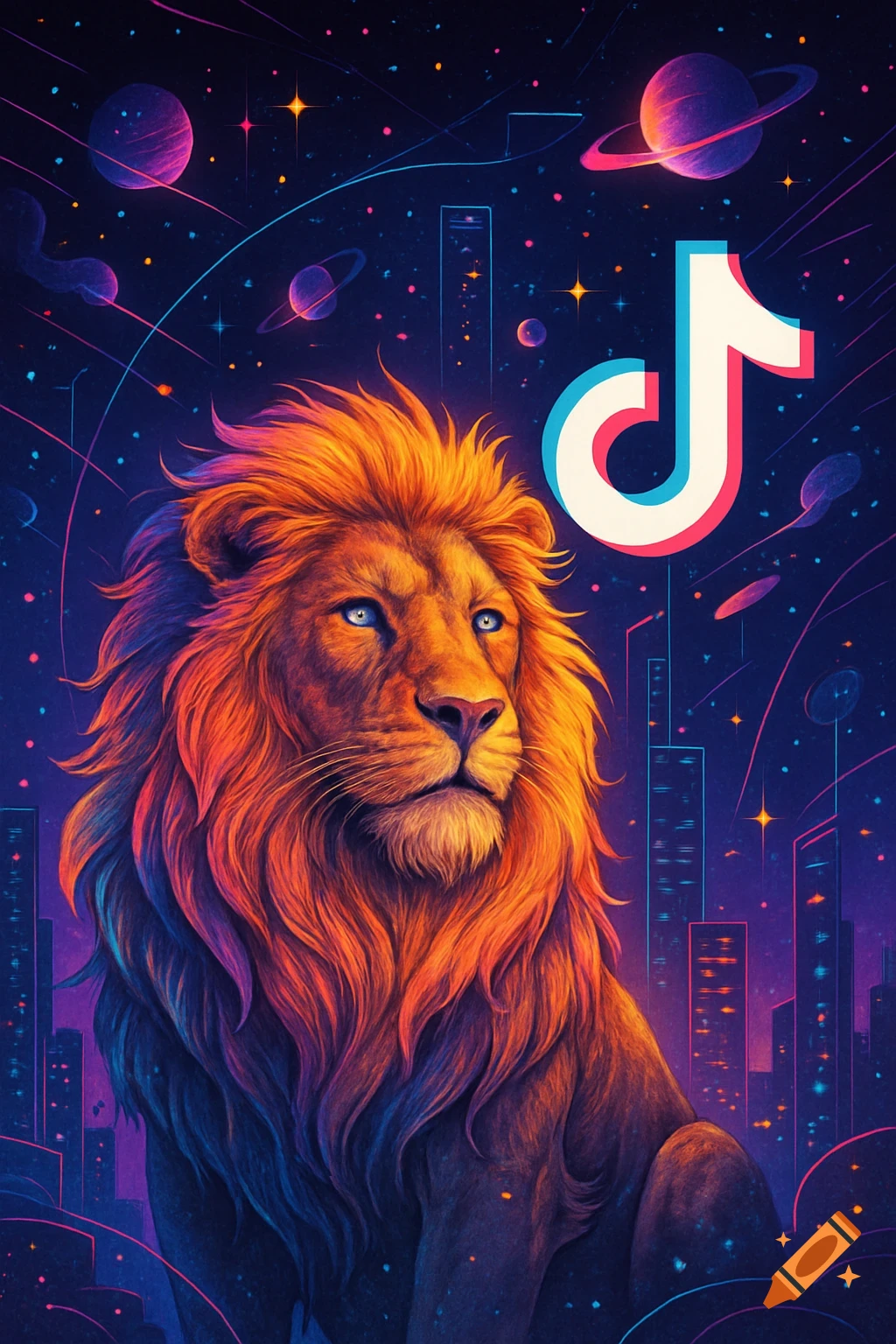 Digital art of a lion in space with a futuristic city skyline and the TikTok logo.