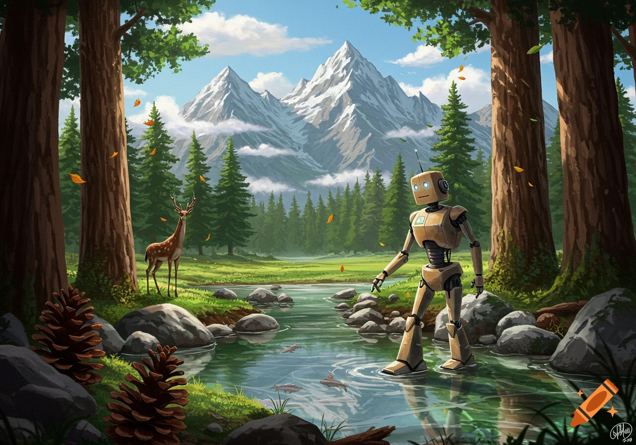 An illustration of a robot wading in a river in a forest with a deer and mountains in the background.
