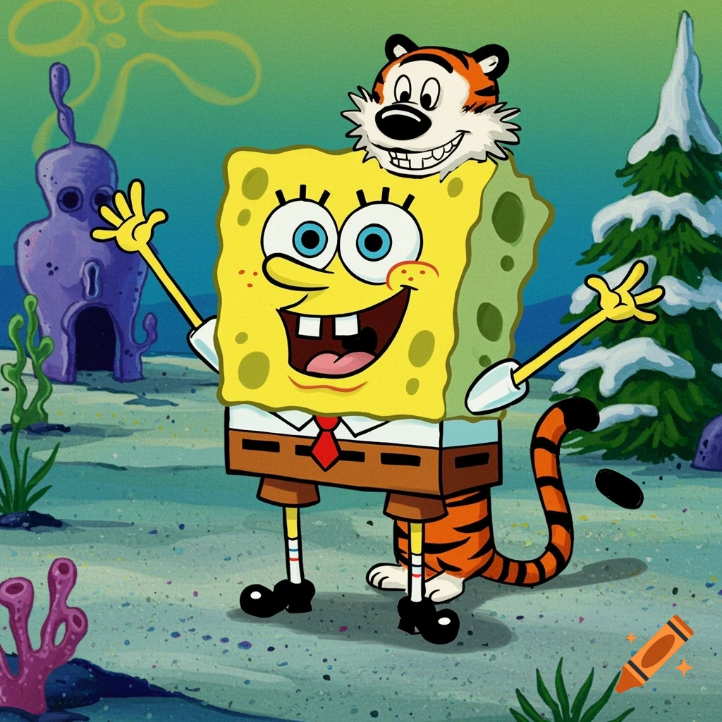 Cartoon mashup of Spongebob Squarepants and Hobbes underwater.