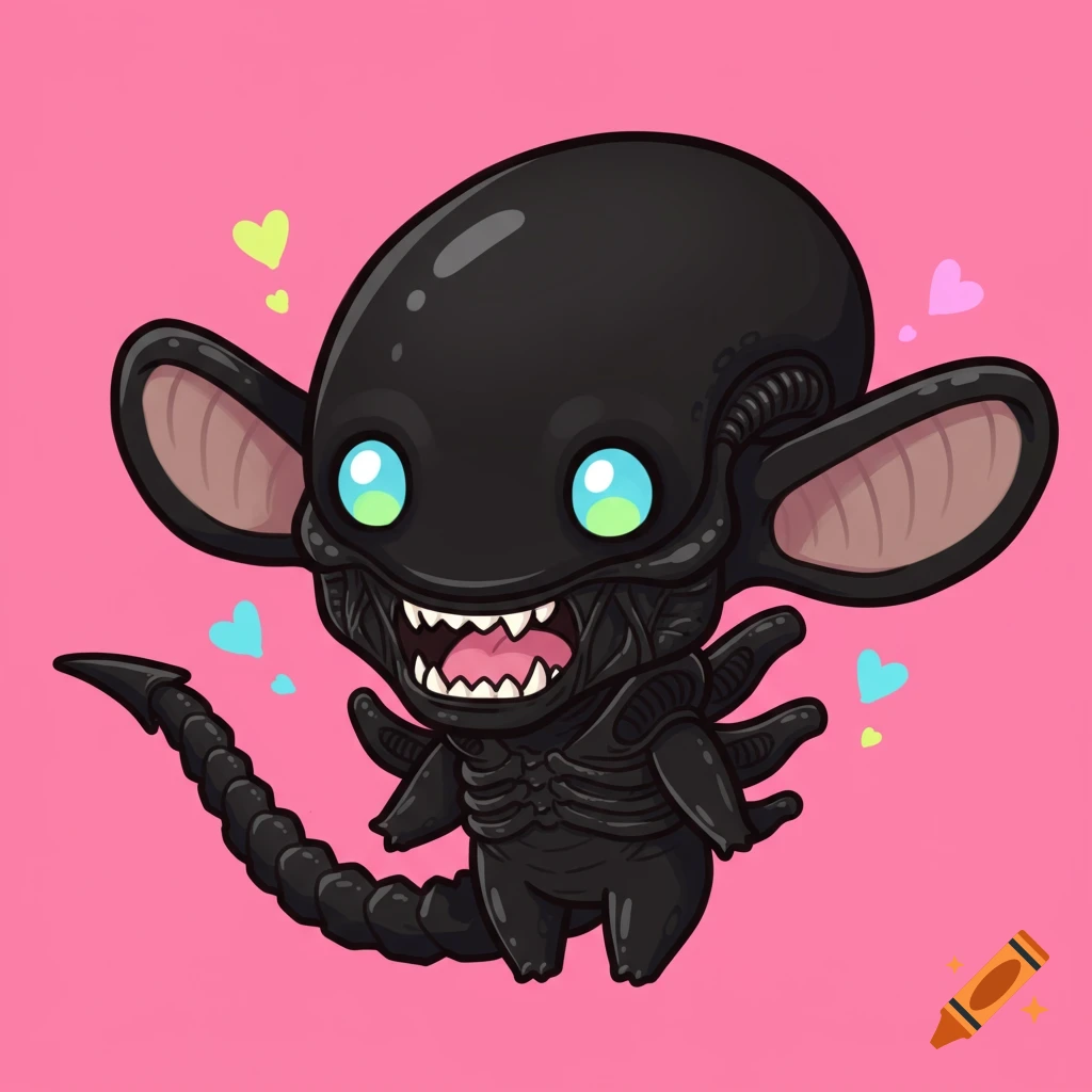 A cute cartoon Xenomorph alien with big eyes and ears, standing against a pink background with floating hearts.