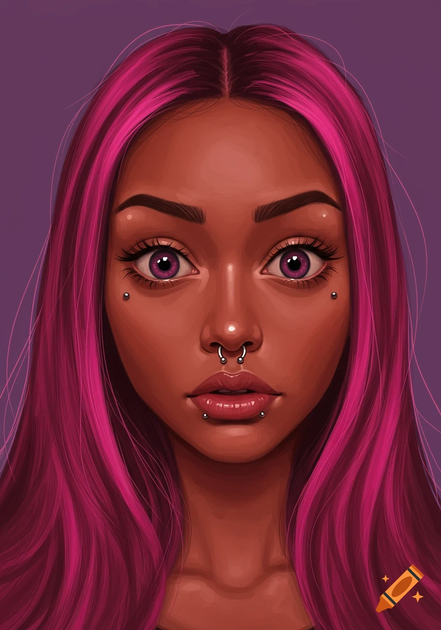 Digital illustration portrait of a person with pink hair and facial piercings.