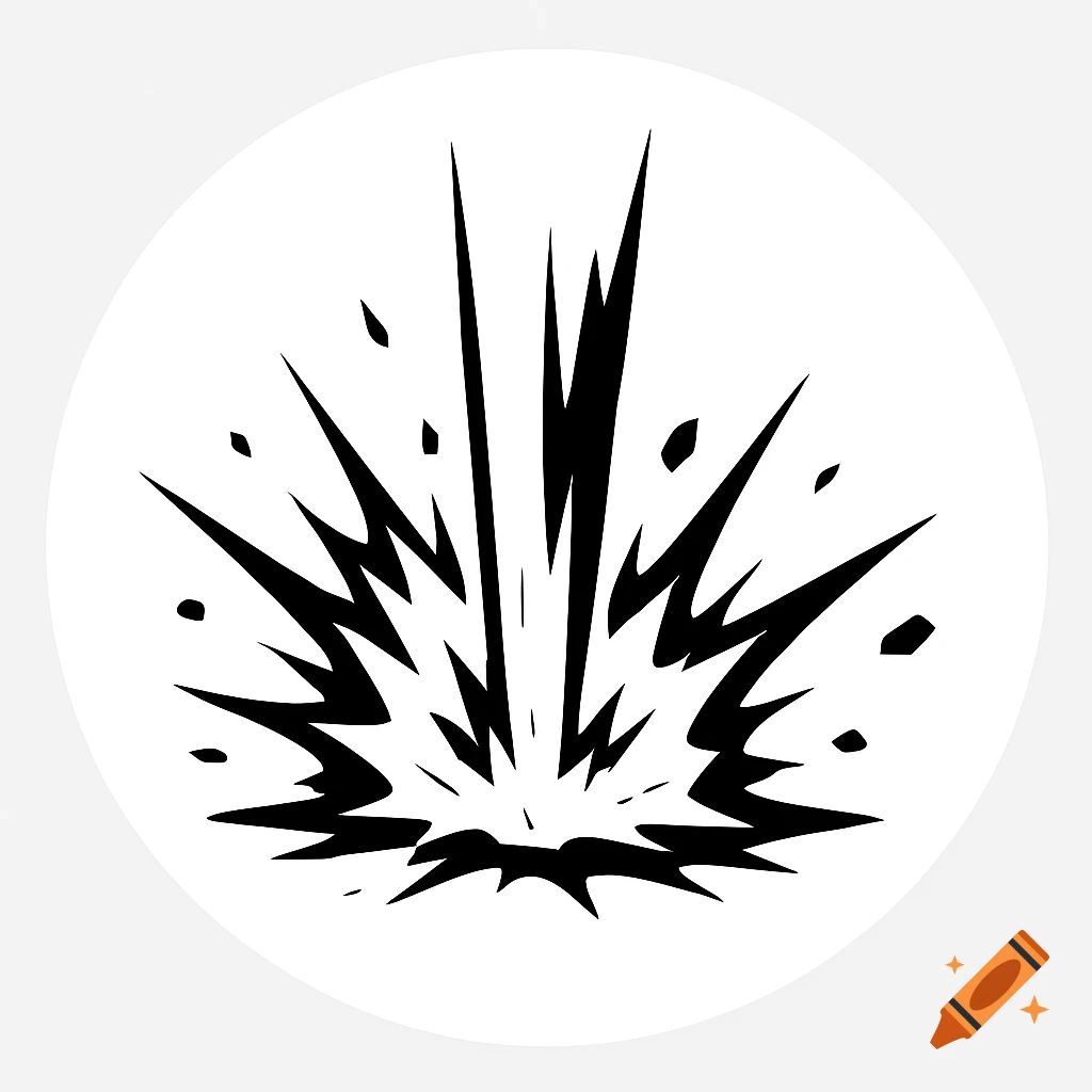 A black and white graphic of an explosion or smash effect within a white circle.