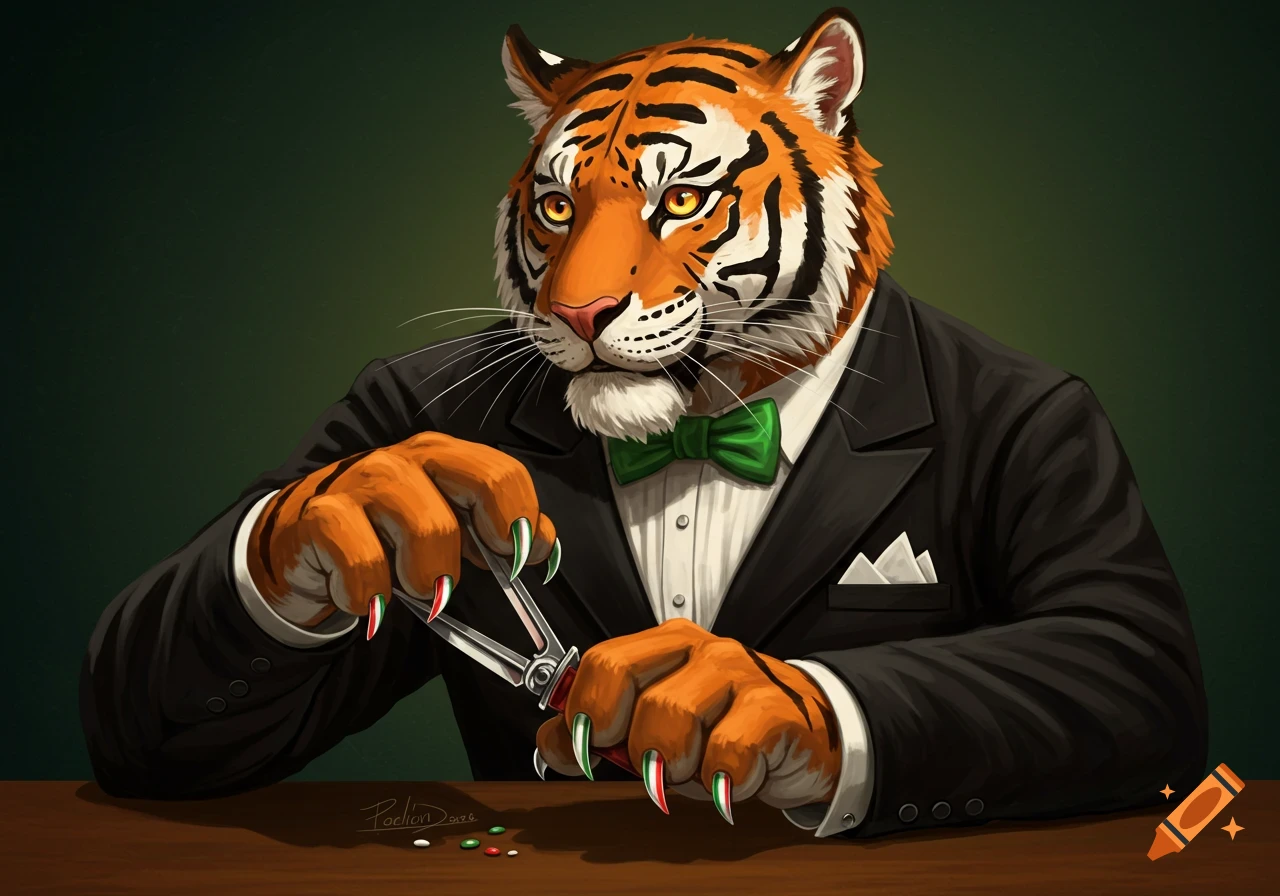 An anthropomorphic tiger in a tuxedo sharpens its claws.