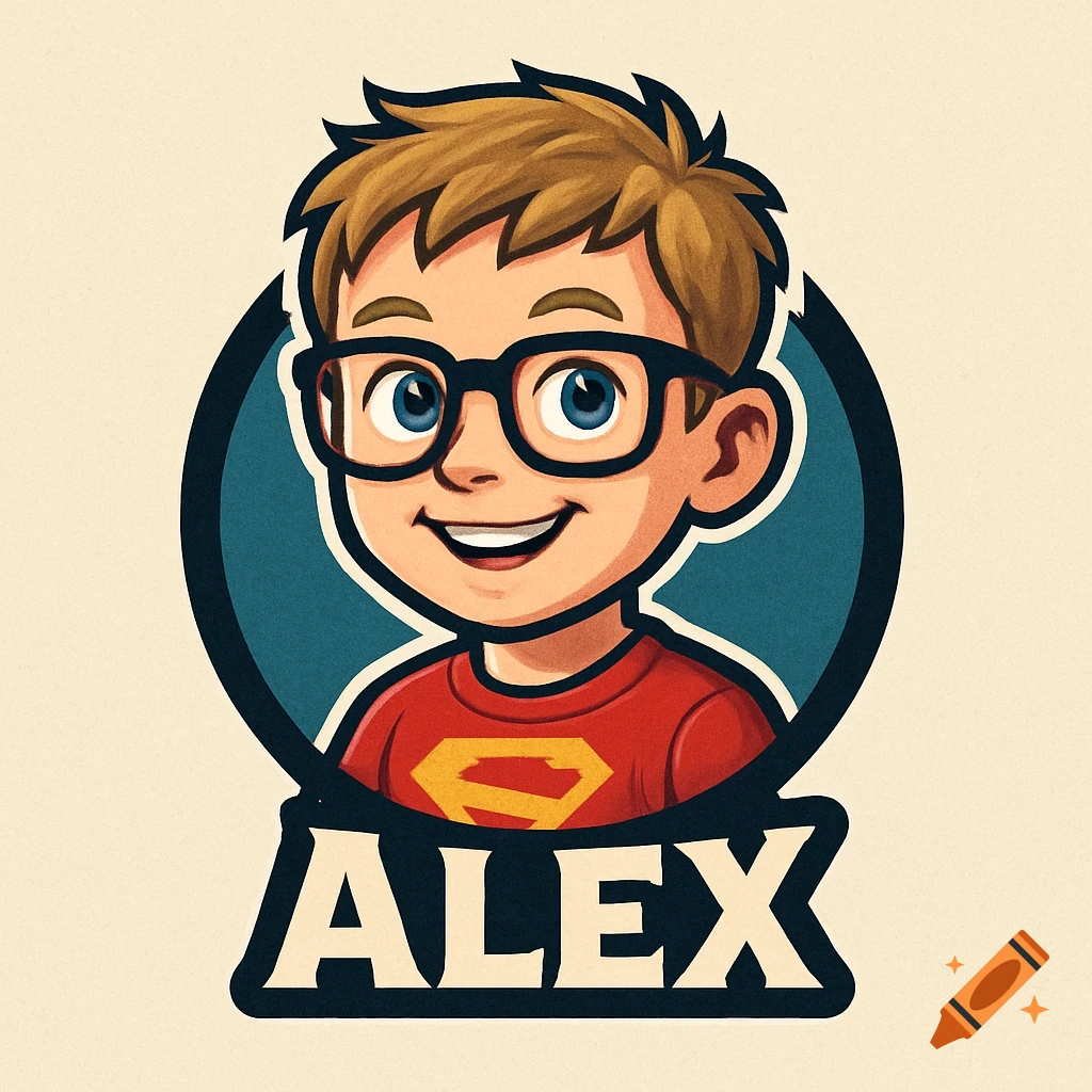 Cartoon logo of a boy with glasses and a red shirt with a yellow symbol, with the name ALEX below.