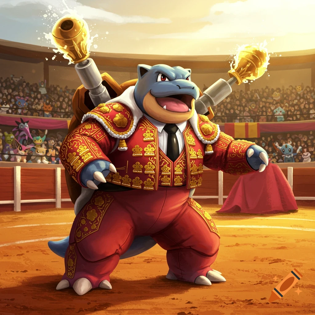 Blastoise in a red and gold Spanish bullfighter costume stands in an arena with cannons spraying water, cheered by an audience of Pokemon.