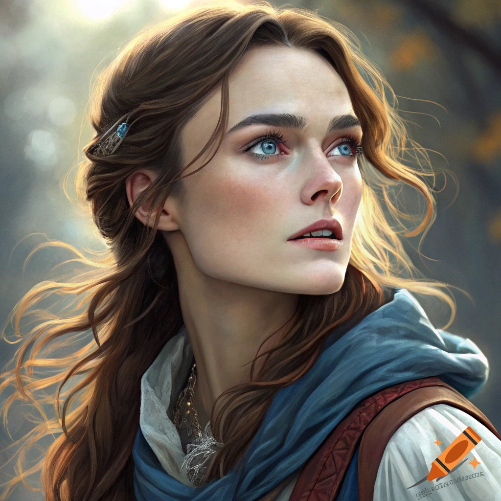 Close-up portrait of a woman with brown hair and blue eyes, wearing a blue hood, looking upwards, in a fantasy style.