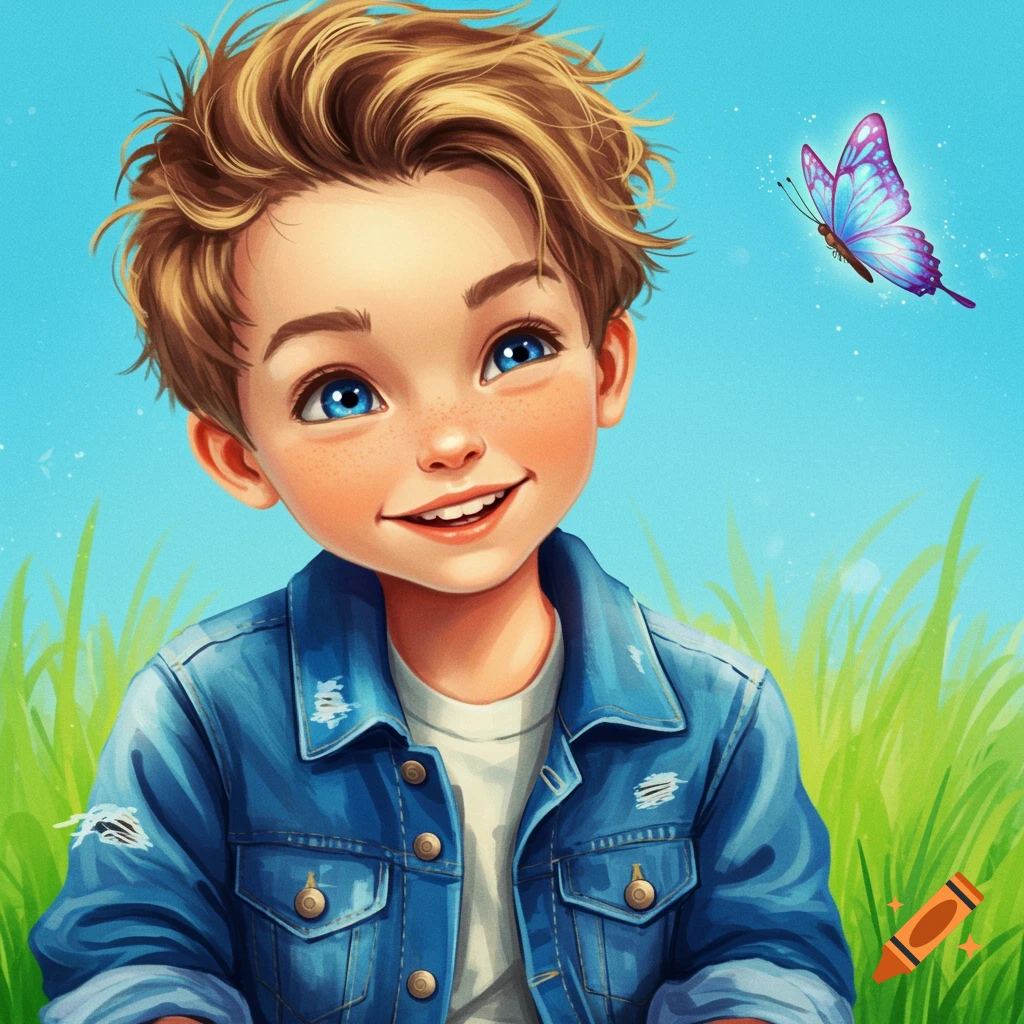 Stylized illustration of a young boy with blue eyes looking at a butterfly in grass.