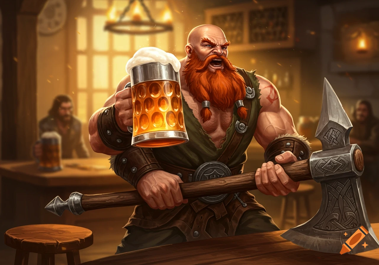 Illustration of a muscular, bald man with a red beard holding a beer mug and axe in a fantasy tavern.