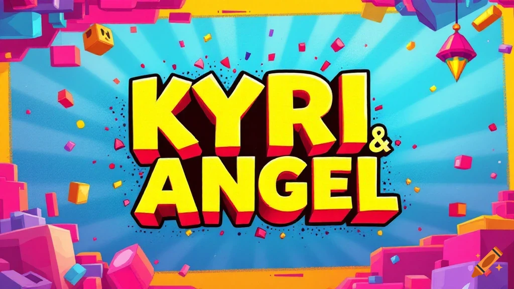 Colorful banner with bold yellow text 'Kyri & Angel' against a vibrant blue background with geometric shapes and confetti.