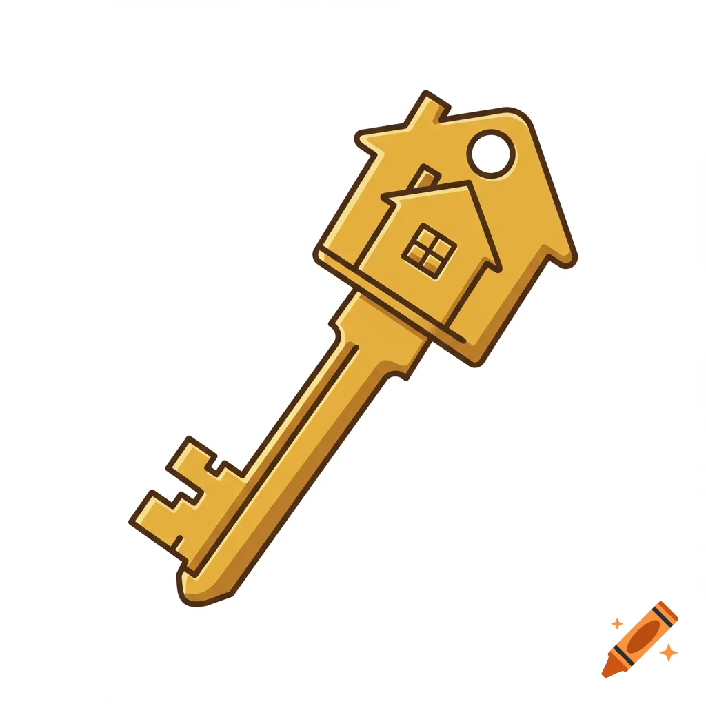 A golden key with the head shaped like a house, containing a smaller house shape inside.