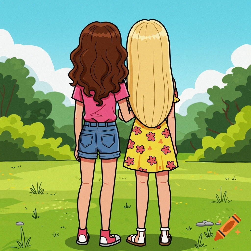 Cartoon of two girls with brown and blonde hair standing facing away in a grassy field