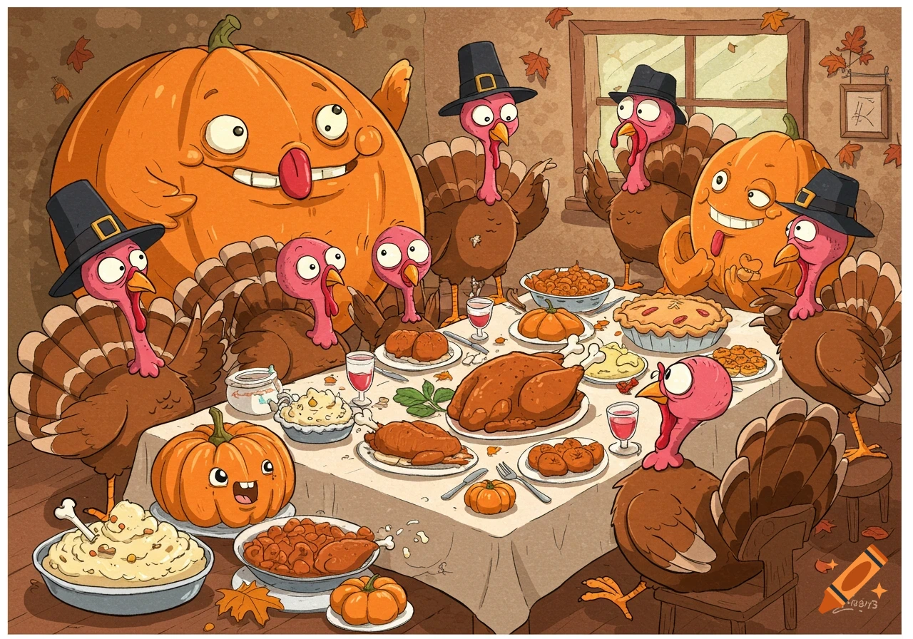 Cartoon turkeys and anthropomorphic pumpkins celebrating Thanksgiving with a feast.