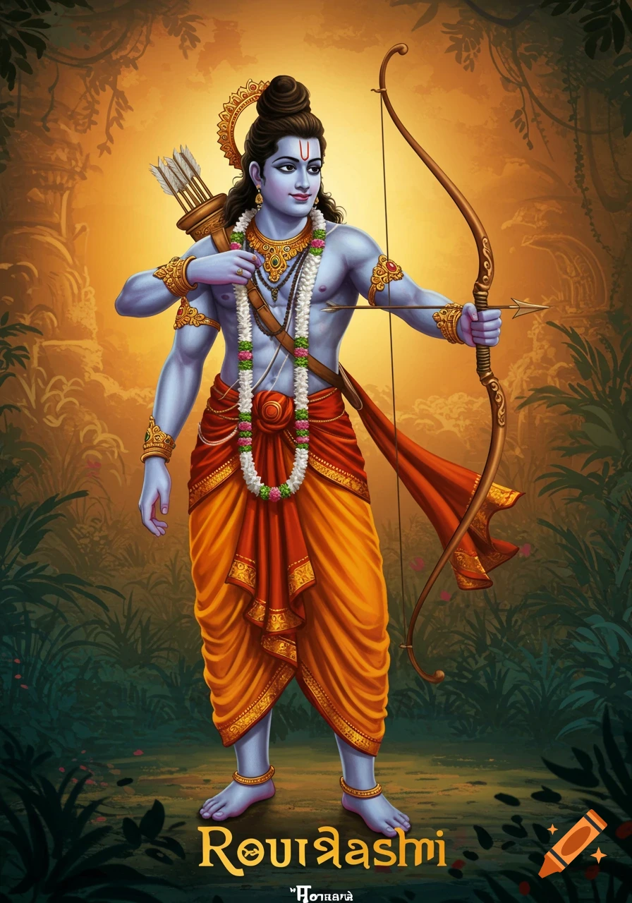 Illustrative depiction of Hindu god Ram holding a bow and arrow