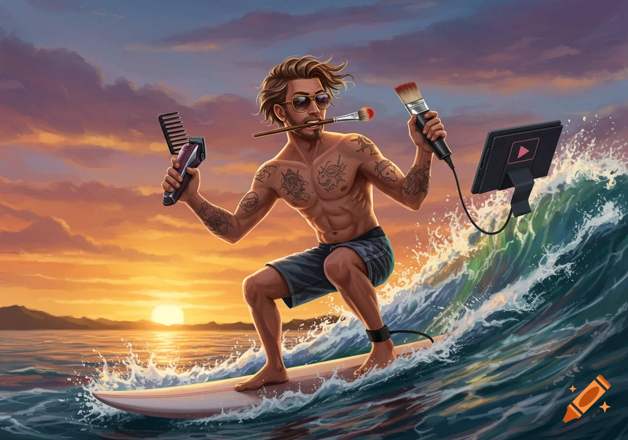 Stylized illustration of a man surfing during sunset, holding a hair clipper, paintbrush in mouth, and video editing on a tablet.