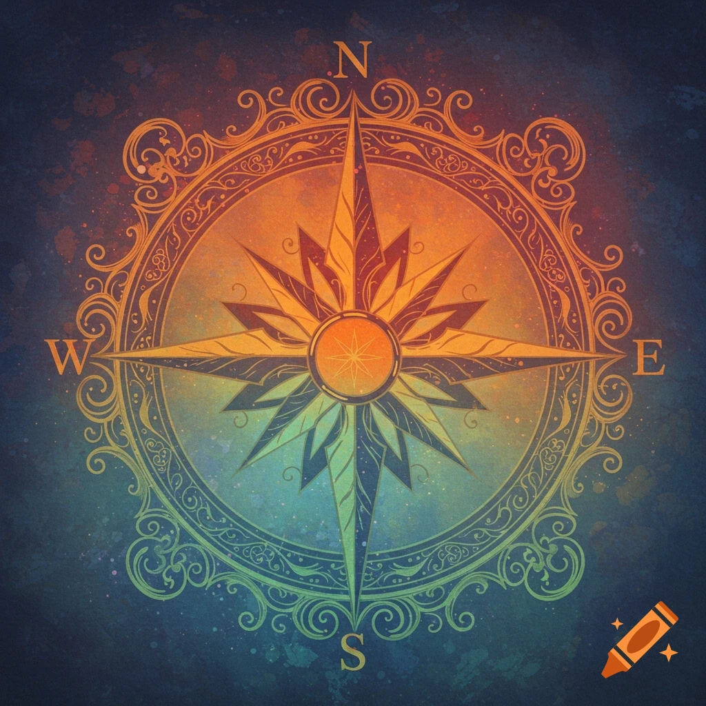 Stylized compass rose illustration with labels N, S, E, W on a textured background.