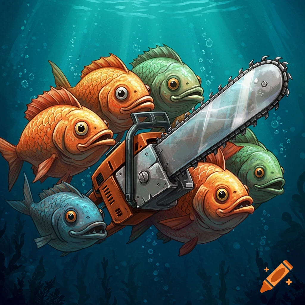 Cartoon fish holding a chainsaw underwater in an illustration style.
