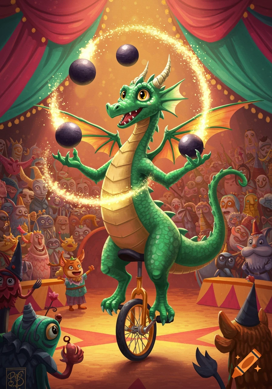 A cartoon green dragon juggles black spheres while riding a unicycle in a circus tent before a strange audience.