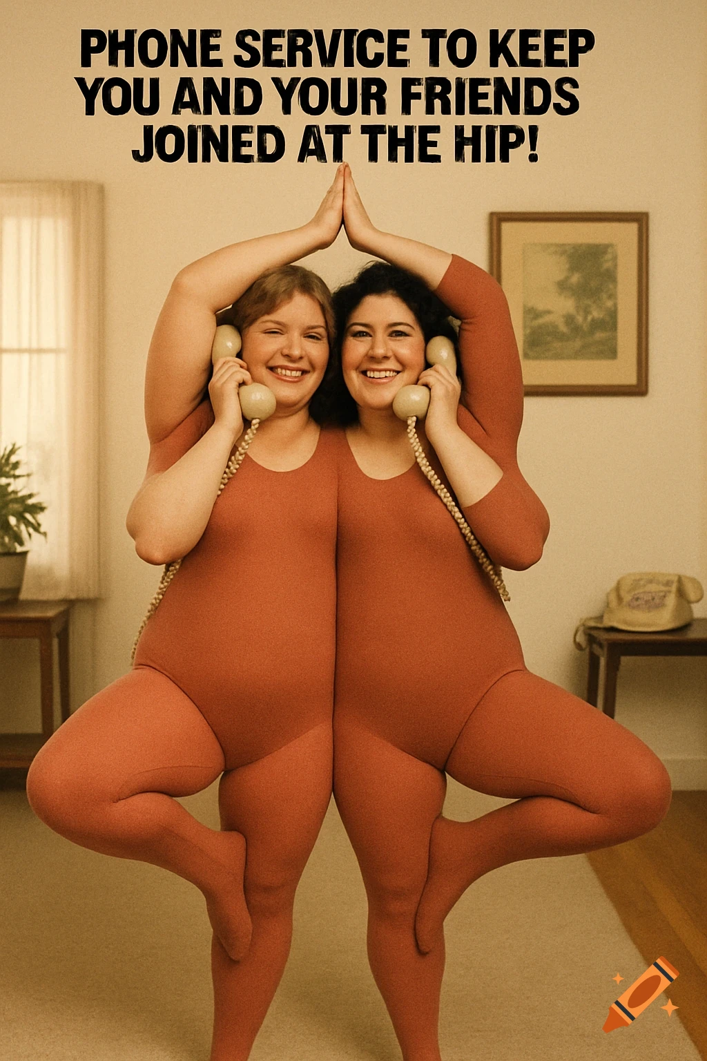 Retro ad of two women merged into one body in leotard holding phones, doing yoga pose.