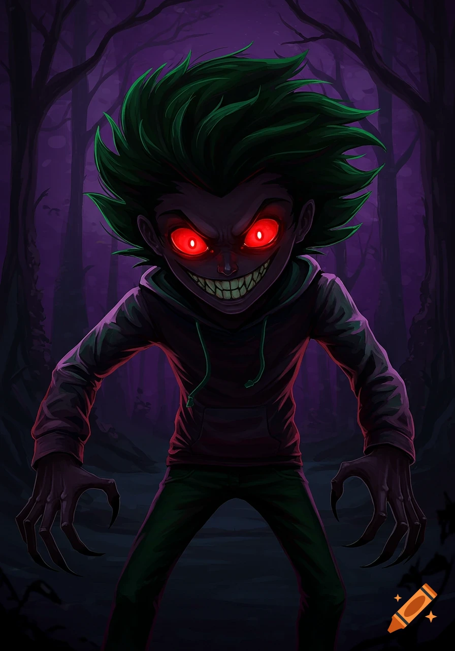 A creepy cartoon character with green spiky hair, glowing red eyes, and sharp teeth and claws stands in a dark forest.