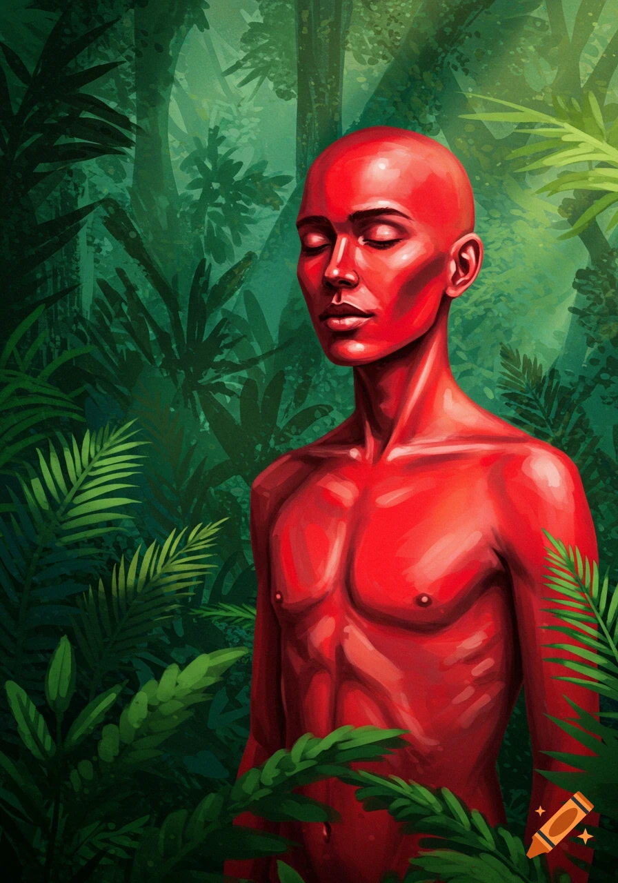 Stylized illustration of a bald figure with red skin standing in a jungle.