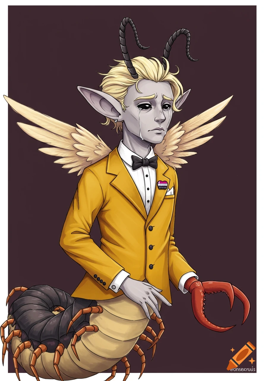 An illustration of a crying fantasy creature with a human torso, centipede lower body, wings, and antennae, wearing a yellow tuxedo with a pin.
