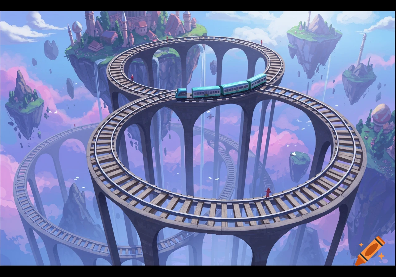 A train rides on impossible, winding tracks through a sky landscape ...