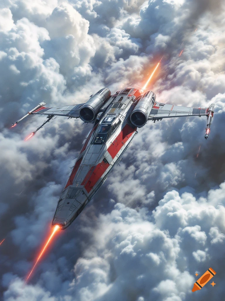 An X-wing spaceship flies through clouds, firing lasers.