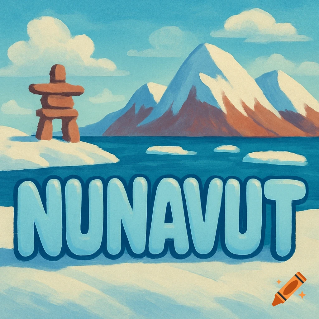 A painted arctic landscape with an inukshuk on snowy ground, mountains, water, and the word "NUNAVUT" in blue bubble letters.