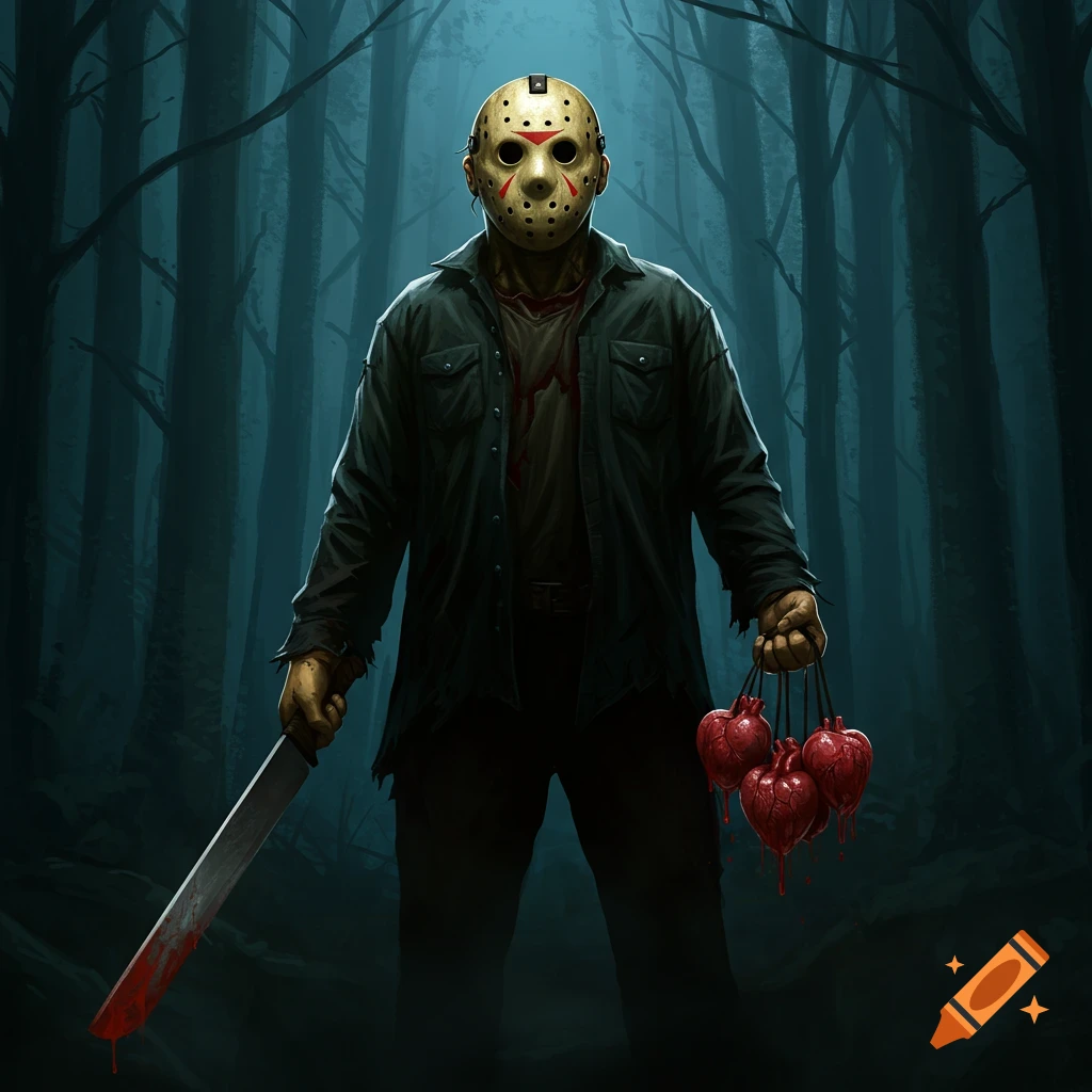 Jason Voorhees holds a machete and bloody hearts in a dark forest