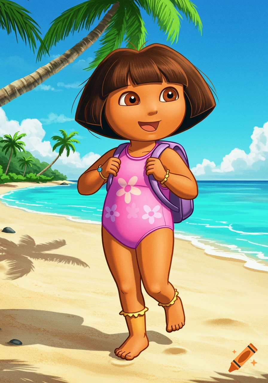 Dora the Explorer cartoon character on a beach wearing a pink swimsuit and backpack.