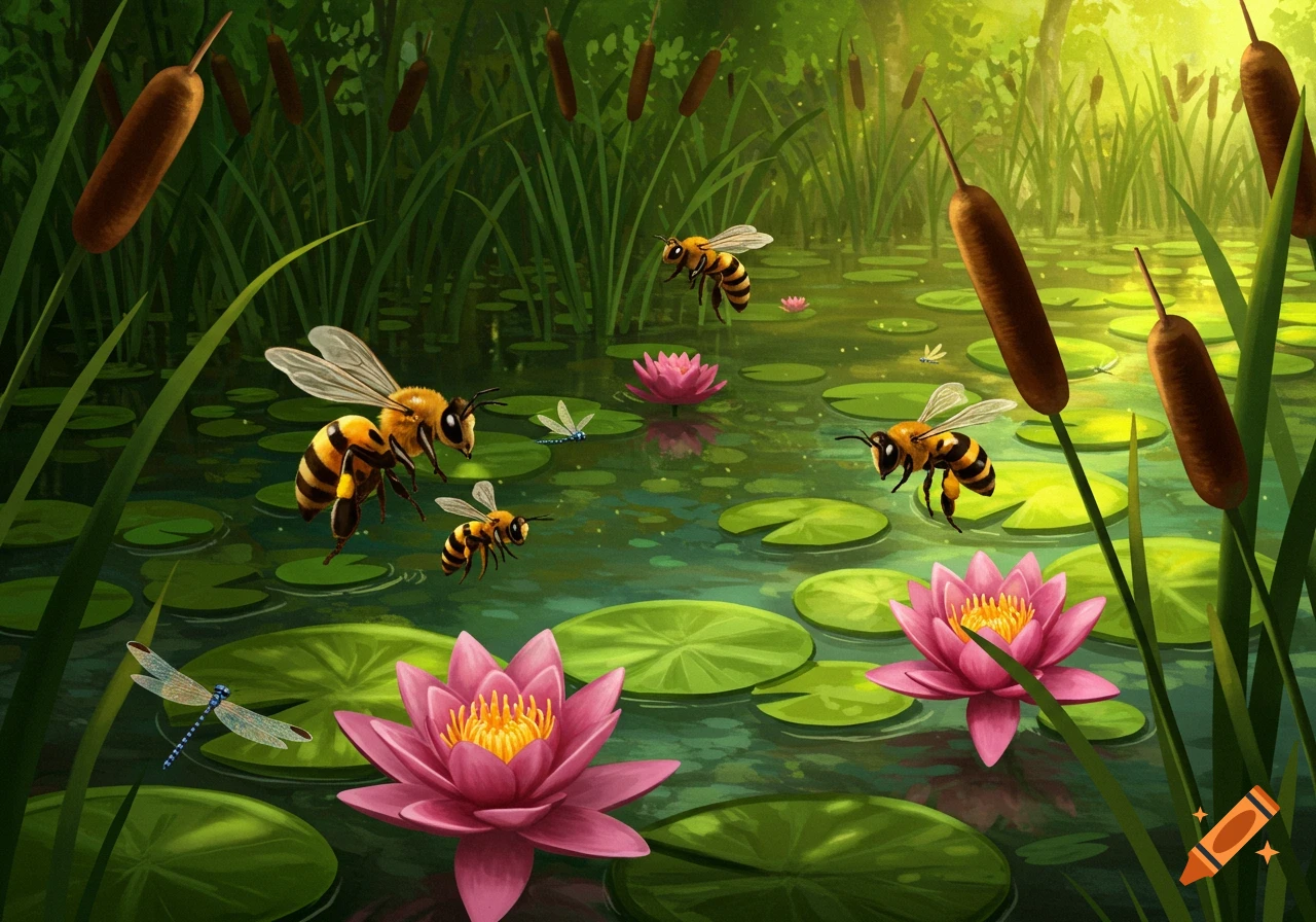Honeybees fly around pink water lilies and cat-tails in a pond.